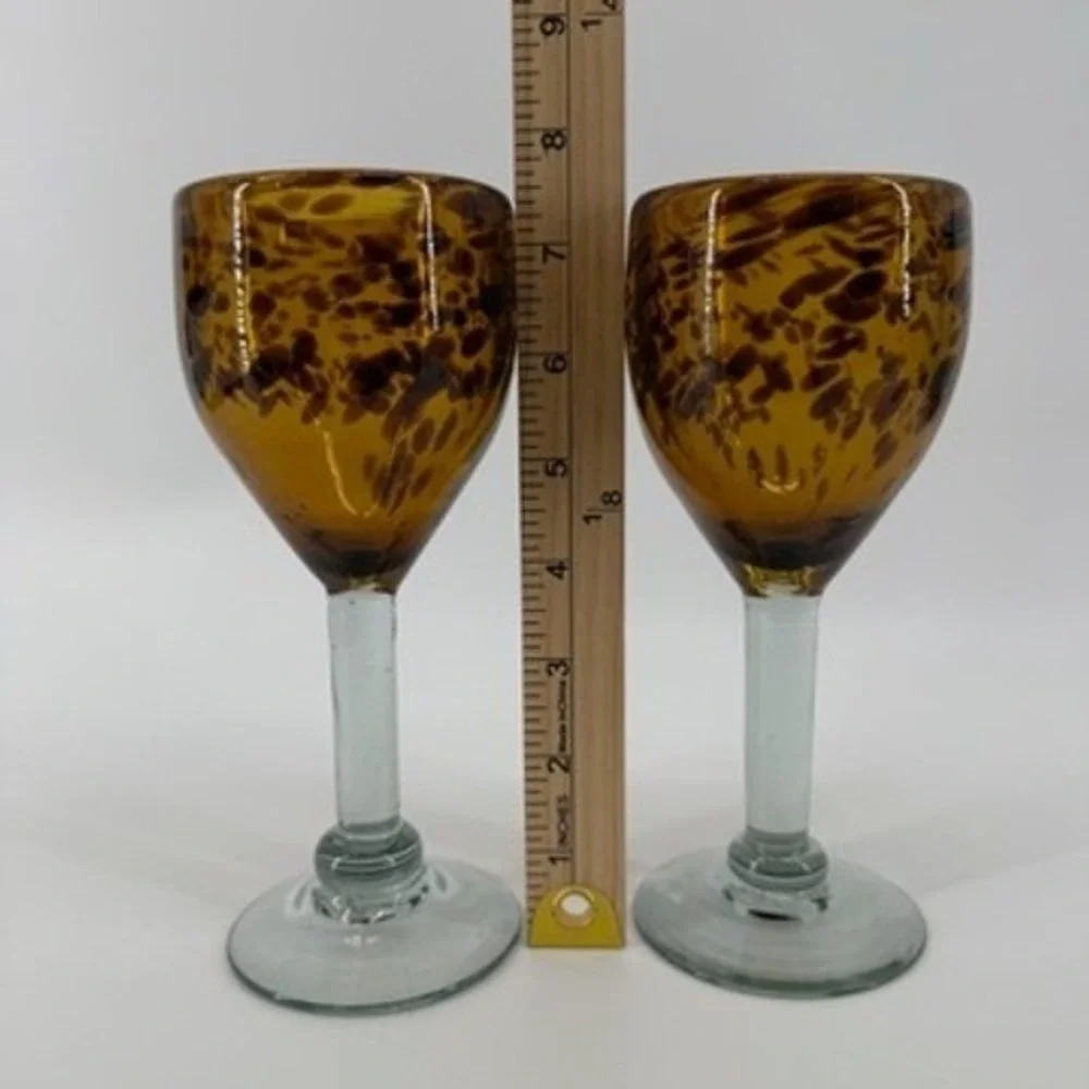 Set of 2 Amber Tortoise Shell Hand Blown Glass Wine Goblets Leopard Spotted 7.5